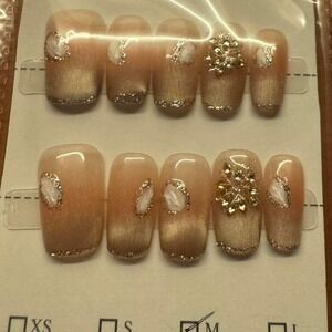 Press On Nails Peach Gold Ombre Snowflake Gem‎ Bling Fake Nails